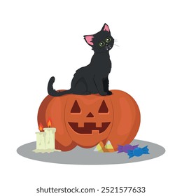 Gato negro lindo en sentarse en una calabaza de Halloween. Adorables personajes animales en el festival de otoño, Ilustración vectorial.