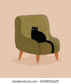 Gato Negro Lindo Sentado En Un Grande Sillón Verde. Divertida Ilustración vectorial dibujada a mano para los amantes de los gatos. Gatito Negro En Una Silla De Puntos Verdes. Fondo beige. Gatito feliz. RGB.