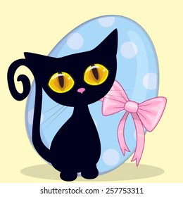 Cute Black Cat is sitting on the background of egg 