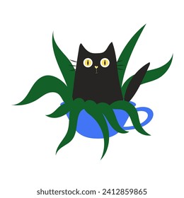 Cute black cat sitting in a pot with a houseplant. Simple vector illustration for card design and for children. Pets concept, love and family concept. Isolated vector illustration.