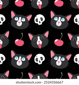 CUTE BLACK CAT WITH SKULL AND CHERRY SEAMLESS PATTERN