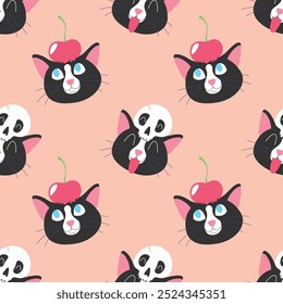 CUTE BLACK CAT WITH A SKULL AND CHERRY ON HIS HEAD SEAMLESS PATTERN