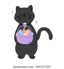 Cute black cat with a skull collar holding a bucket full of Halloween candy, isolated on white. Ready for trick-or-treating