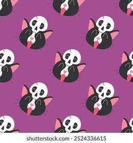 CUTE BLACK CAT WITH A SKULL ON HIS HEAD SEAMLESS PATTERN