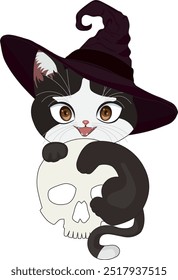 Cute black cat with skull and witch hat