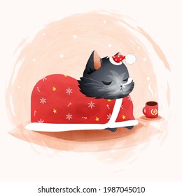 Cute black cat sleeping with a Christmas pattern blanket.