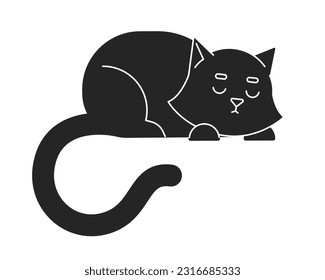 Cute gato negro durmiendo objeto vectorial aislado monocromo. Descanso de una mascota adorable. Un gatito acogedor. Dibujo de arte en blanco y negro editable. Ilustración simple de la mancha para el diseño de gráficos web