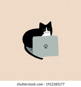 Cute black cat sleeping on laptop. Cartoon cat and computer. Doodle illustration vector.	
