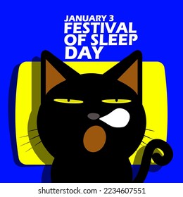 A cute black cat sleeping on a yellow pillow with bold text on a blue background to celebrate Festival of Sleep Day on January 3