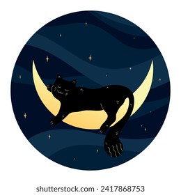Cute black cat sleeping on a crescent on night sky background. Vector illustration