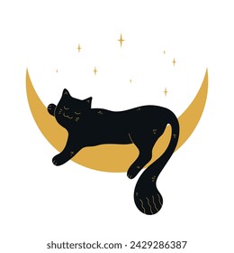 Lindo gato negro durmiendo en una media luna. Ilustración de vector