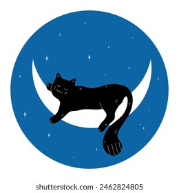 Cute black cat sleeping on a crescent on blue night sky background. Vector illustration