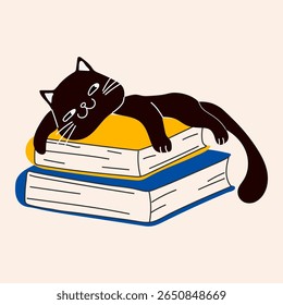 Cute Black Cat Sleeping on Stack of Books
