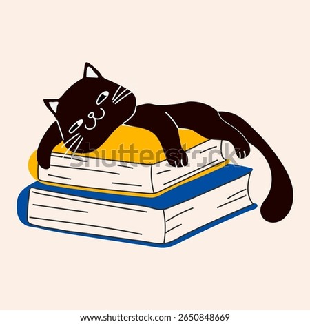 Cute Black Cat Sleeping on Stack of Books