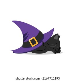 Cute black cat sleeps under purple pointed witch hat. Design element for Halloween banner, greeting card, party invitation. Isolated on white. Vector flat illustration