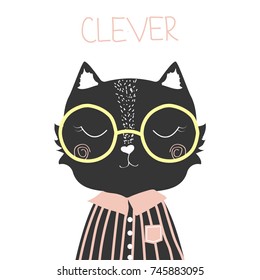 Cute black cat with slogan clever. Fashion print. Vector hand drawn illustration.