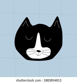 Cute black cat smiling. Head of a happy sleeping black cat. Cat head cartoon. Doodle illustration vector.