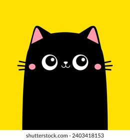 Cute black cat. Smiling kitten head face. Pink ears, cheeks. Kawaii cartoon funny baby character. Happy Halloween. Notebook sticker print template. Flat design. Yellow background Vector illustration