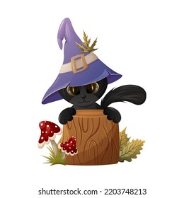 Cute black cat in a sorcery hat behind a stump. Fly agaric and autumn leaves. Cartoon vector illustration for Halloween