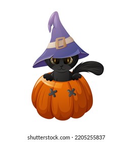 Cute black cat in a sorcery hat is inside a pumpkin. Cartoon vector illustration for halloween