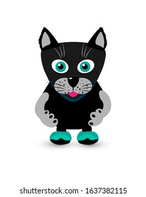 Cute black cat standing in simple pose. Flat cartoon vector illustration isolated on white background. Funny cat icon for nursery design, print, post card, invitation.