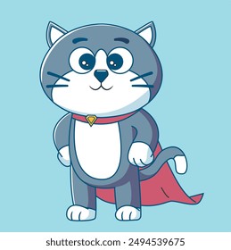 cute black cat standing wearing red cape superhero pose. vector illustration cartoon animal flat isolation