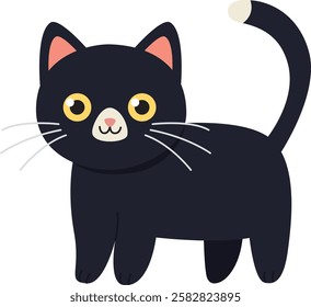 A cute black cat stands on all fours. Pretty pet isolated on a transparent background