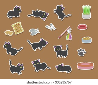 cute black cat and stuff, cat toys, cat food vector