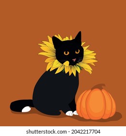 Cute black cat in sunflower costume with pumpkin. Greeting card with coppy-space. Vector illustration.