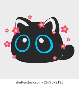 Eine süße schwarze Katze, umgeben von Blumen. Blumen fliegen um die Schwarze Katze. Flaches Cartoon-Design. EPS-10.