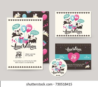 Cute Black Cat Theme Happy Birthday Invitation Card Set And Flyer Illustration Template