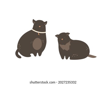 Cute black cat. Two dark kitten set for Halloween designs. Domestic animal, pretty chubby character with moon on collar. Vector isolated illustration.