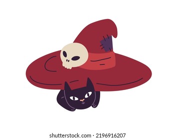 Cute black cat under witch hat. Spooky creepy funny Halloween kitty. Helloween feline character, October holiday skull. Childish kids flat vector illustration isolated on white background