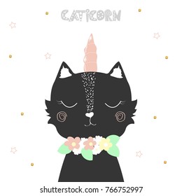 Cute black cat unicorn with floral wreath. Vector hand drawn illustration.