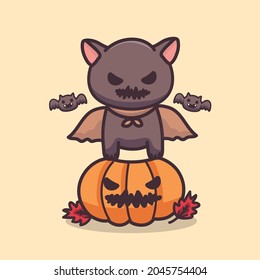 Cute black cat with vampire costume sitting on Halloween pumpkin. Cartoon vector illustration