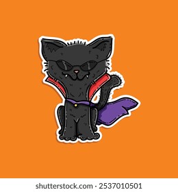 cute black cat vampire wear purple red cap and sunglasses vector illustration design isolated in orange background for halloween