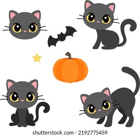 Cute Black Cat Vector Illustration Set