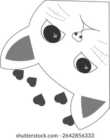 A cute black cat vector illustration peeking from the corner with large expressive eyes, heart-shaped paws, and simple gray ear accents.
