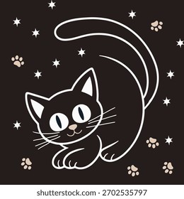 cute black cat vector illustration, adorable black cat artwork with stars and paw prints, minimalist black cat design for children and lifestyle patterns