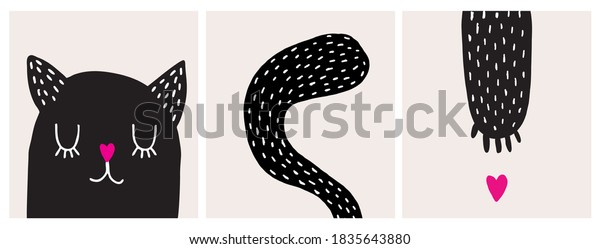 Cute Black Cat Vector Illustration. Lovely\
Nursery Art with Hand Drawn Kitty, Fluffy Tail, Paw and Pink Heart\
Isolated on a Light Beige Background. Simple Infantile Style Print\
for Cat Lovers.