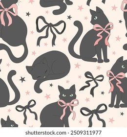 Cute black cat vector seamless pattern. Coquette Halloween background.