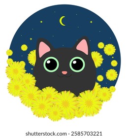 Cute black cat walks at night in nature among big yellow flowers. Starry sky and  crescent moon. Pet is happy and smiling. Big green eyes. Round background. Vector illustration.