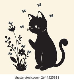 Cute Black Cat Watching Butterflies with Wildflowers 