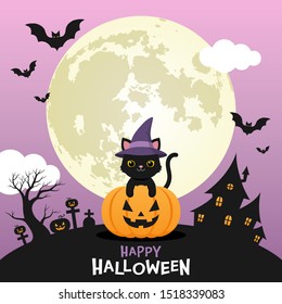 Cute black cat wear witch hat halloween pumpkin and full moon purple night sky background 