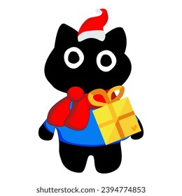 a cute black cat wearing a christmas hat and coat in winter.
Christmas 