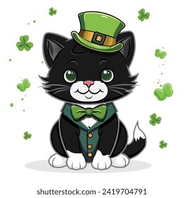 Un gato negro lindo con un sombrero verde y una corbata de arco