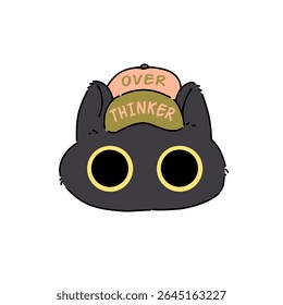 Cute black cat wearing a hat with funny quote. Black cat with big eyes cartoon illustration 