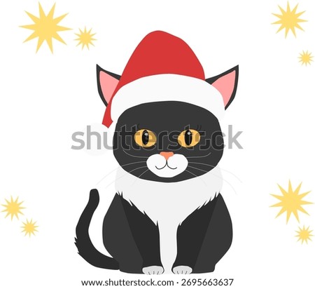 Cute black cat wearing red santa hat sitting