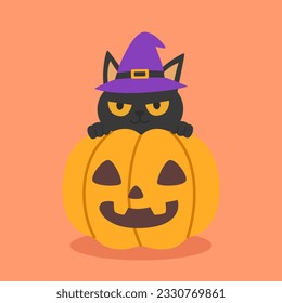 A cute black cat wearing a violet witch hat stays above the Halloween pumpkin to celebrate Halloween celebrities' holiday greetings. Vector illustration cartoon.