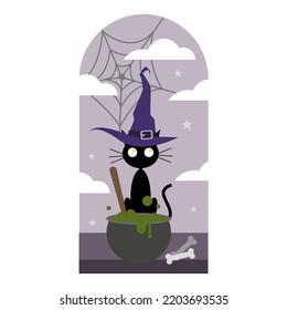 Cute black cat wearing witch hat is stirring magic potion. Perfect for your Halloween design elements.